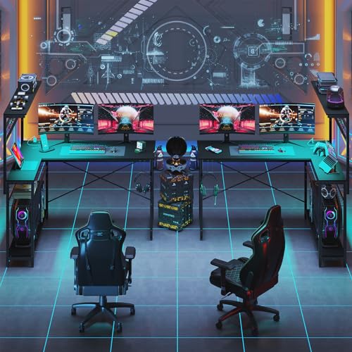 Bestier 42 L Gaming Desk with Power Outlets, LED Lights and Shelves D8630
