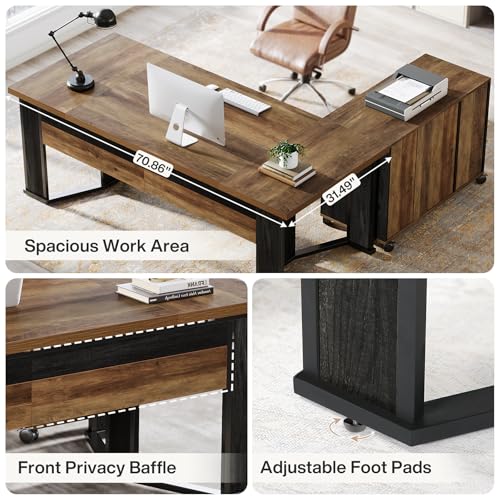 Tribesigns 70.86" L Shaped Executive Desk with Mobile File Cabinet, Brown and Black J5967