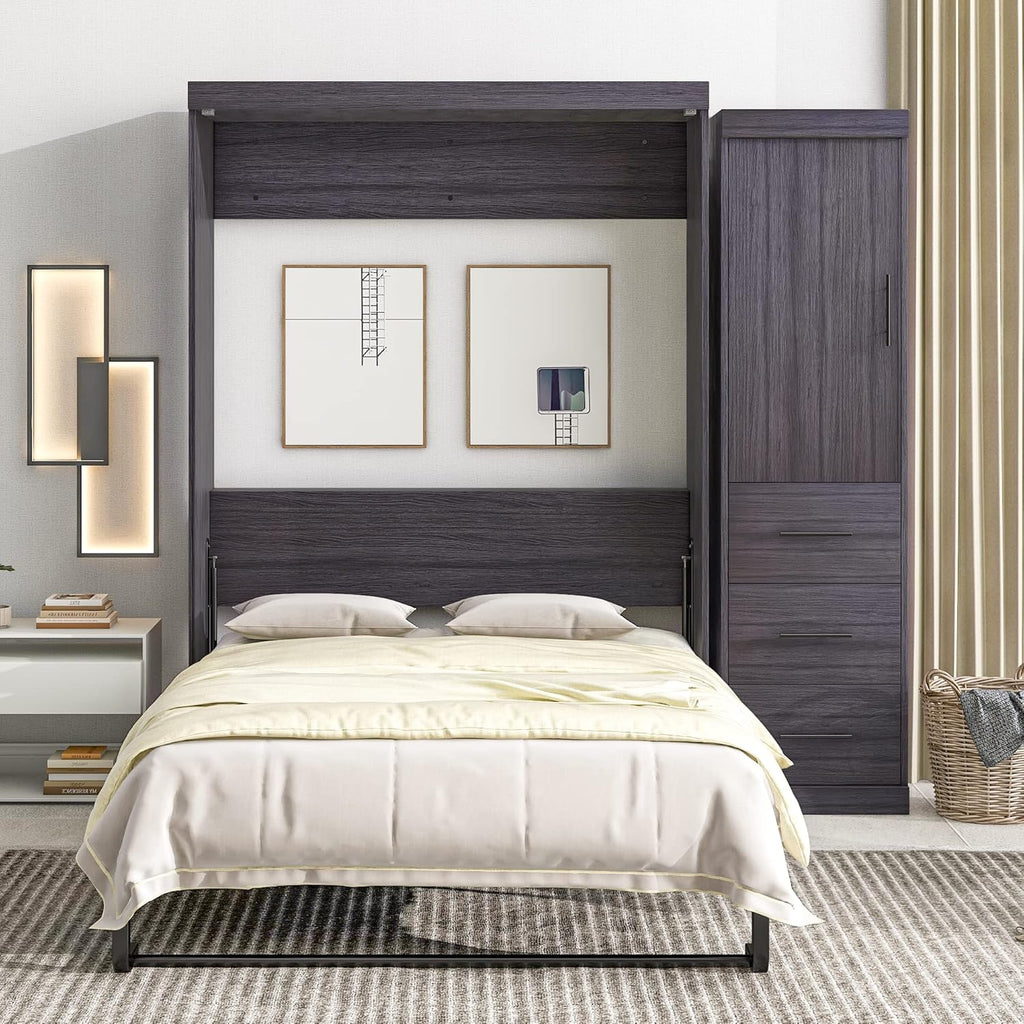 Full Size Murphy Bed Storage Cabinet with Wardrobe and Drawers I85376