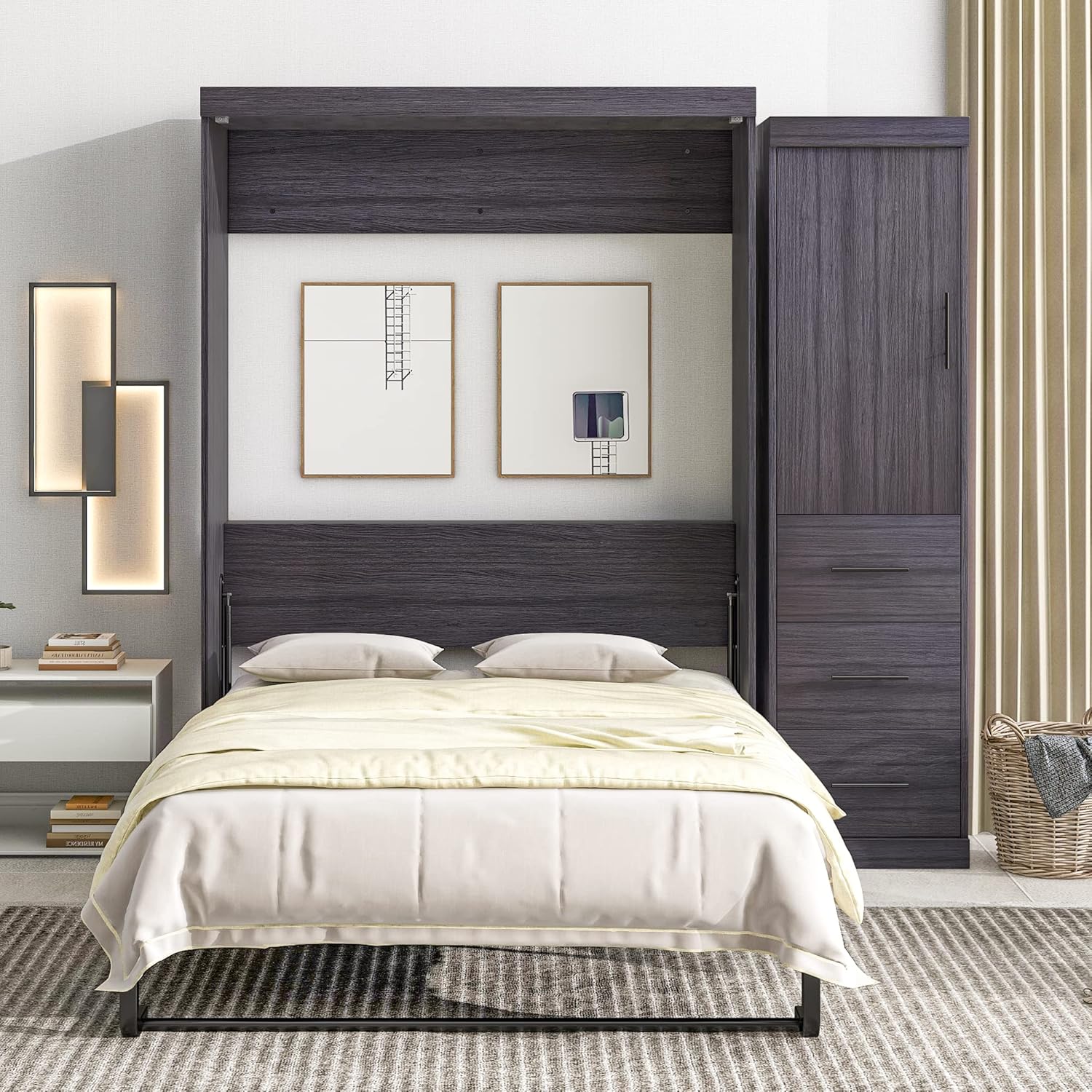 Full Size Murphy Bed Storage Cabinet with Wardrobe and Drawers I85376