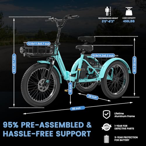 MOONCOOL Electric Tricycle for Adults, 500W 48V Folding 3-Wheel Bike with Basket O9027