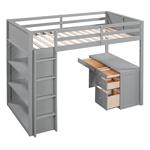 Harper & Bright Designs Full Size Loft Bed with Wardrobe and Desk, Solid Wood, White R4710