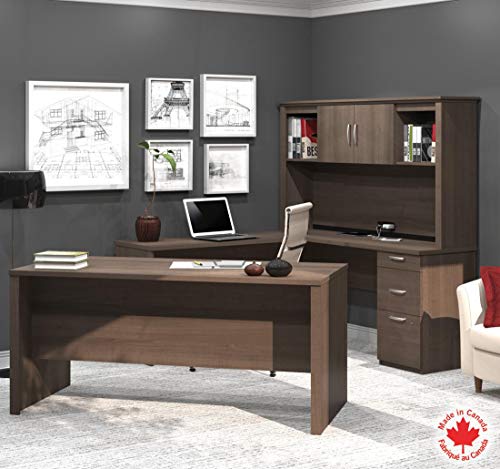 Bestar Logan 66W U or L-Shaped Executive Office Desk with Pedestal and Hutch, Bark Grey W17996