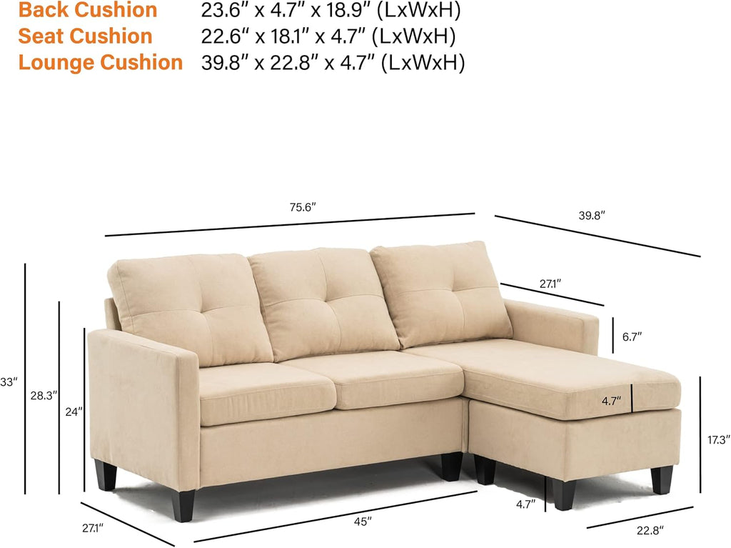 75" Modern Fabric Sectional Sofa with Chaise and Ottoman, Beige C8036