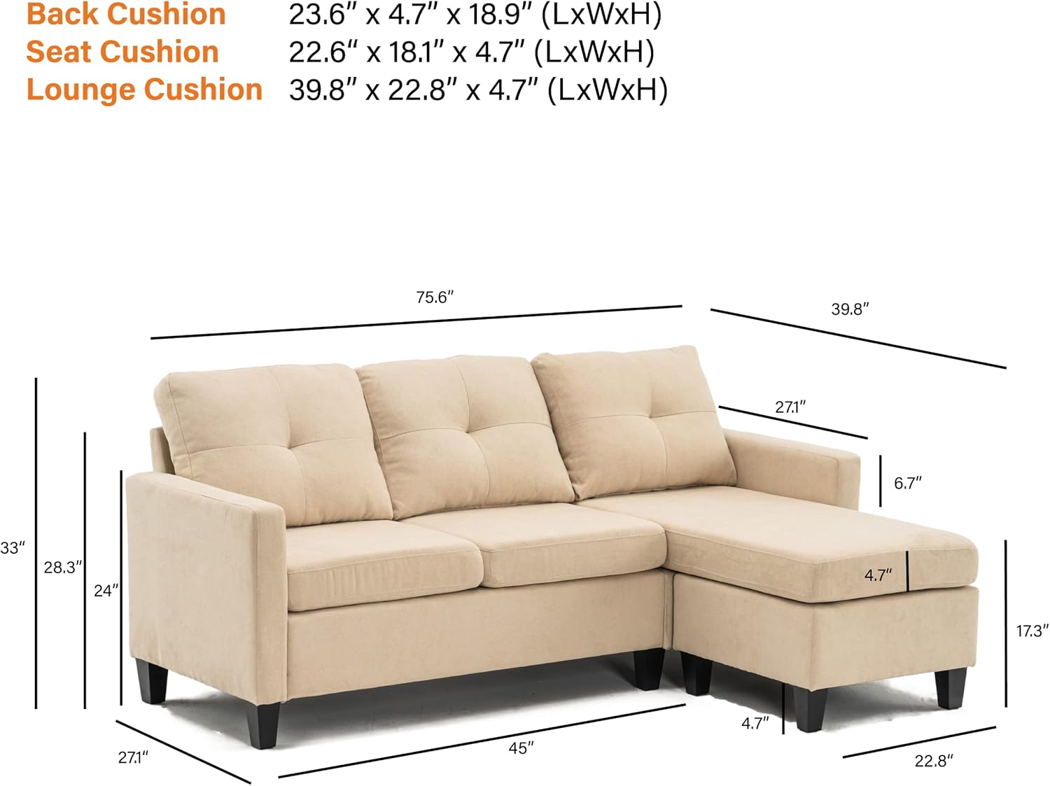 75" Modern Fabric Sectional Sofa with Chaise and Ottoman, Beige C8036