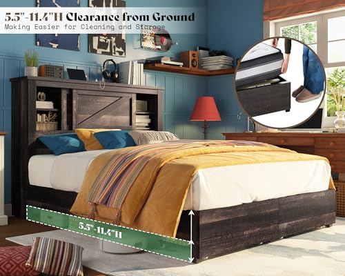 AMERLIFE King Bed Frame with Bookcase Headboard and Charging Station V4787