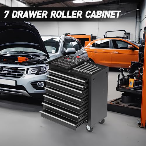 7-Drawer Rolling Tool Chest with Wheels, Lockable Steel Storage Cabinet, Black S62207