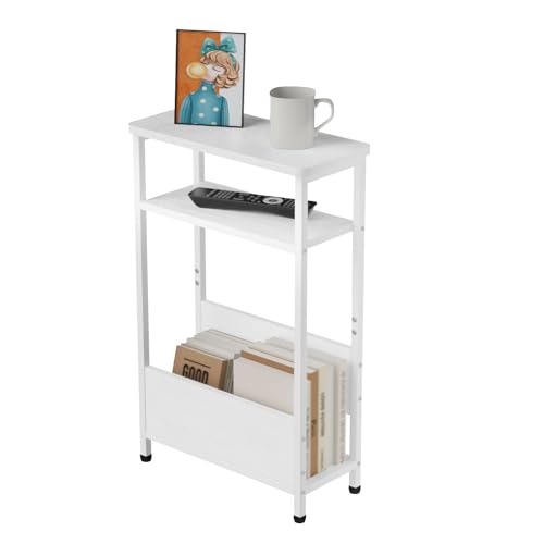 7.1" Narrow Side Table for Small Spaces, 3 Tier Small End Table with Magazine Holder, Slim/Skinny Nightstand/Bedside Table for Living Room, Bedroom, 15.4" L x 24.2" H, Faux White Marble