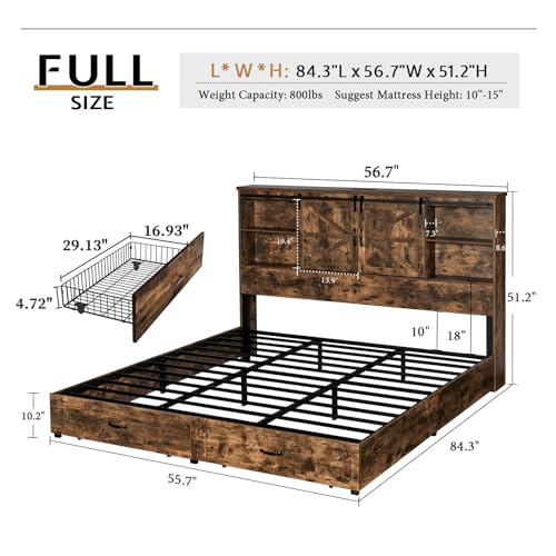 VanAcc Full Size Wooden Platform Bed with Bookcase Headboard and 2 Drawers O6158