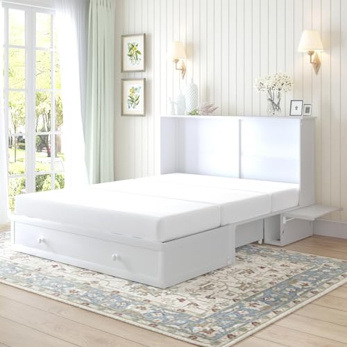 PUREMIND Queen Murphy Bed Cabinet with Mattress and USB Charging Station G362
