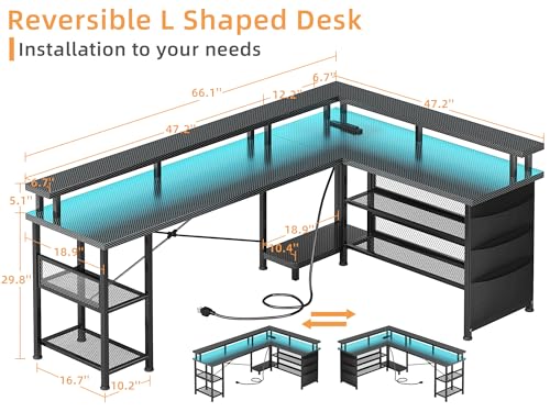 66" L Shaped Gaming Desk with Power Outlet and LED Lights, Black Carbon Fiber O942411