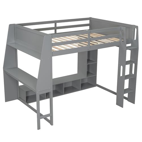 SOFTSEA Full Size Loft Bed with Desk, Storage and LED Lights, Solid Wood, Grey Q282