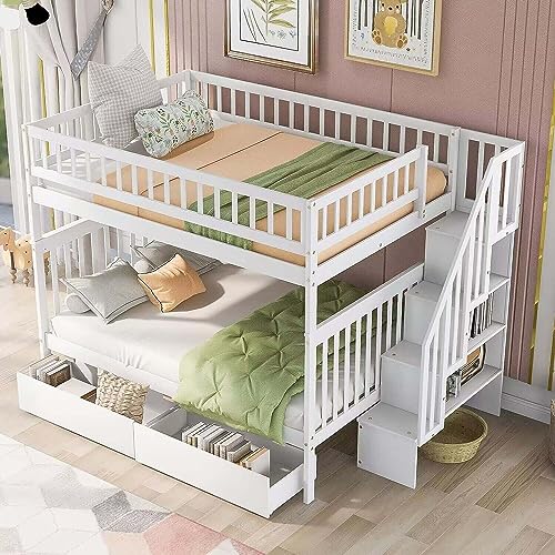 Harper & Bright Designs Twin Size Loft Bed with L-Shaped Desk and Stairs, Solid Wood, White D768