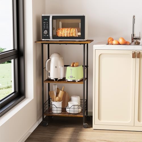 Microwave Cart with Storage, 3-Tier Rolling Kitchen Stand, Wood and Metal Utility Cart I6668