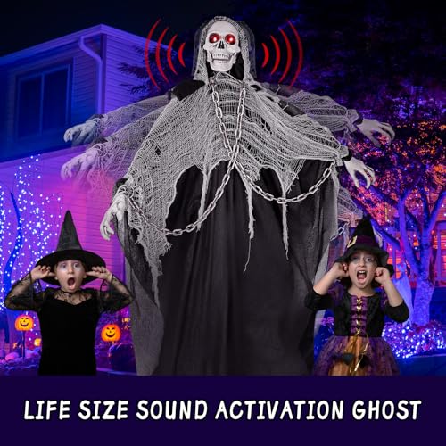 74'' Halloween Outdoor Decorations, Life Size Sound Activated Skeleton Ghost with Light Up Eyes E958980