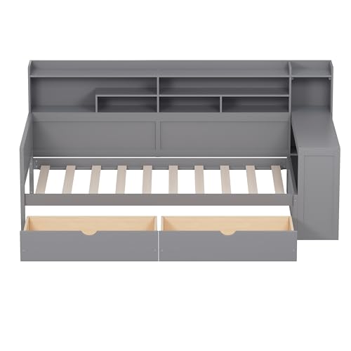 Bellemave Twin Corner Bed Frame with Storage Shelves and Desk, Gray L74206
