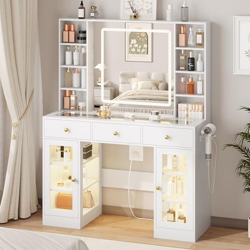 White Vanity Desk with Mirror and Lights, Glass Top, 3 Drawers V863482