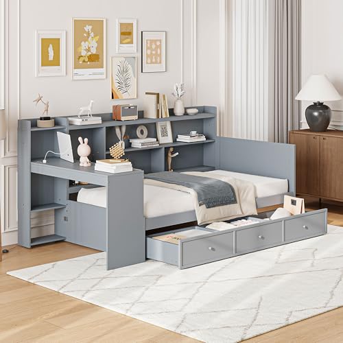 Bellemave Twin Corner Bed Frame with Storage Shelves and Desk, Gray L74206
