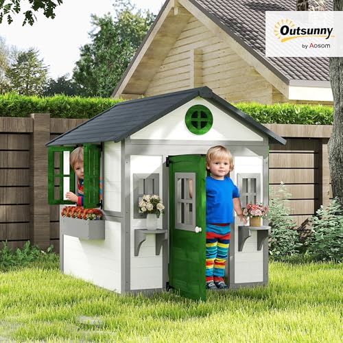 Outsunny Wooden Kids Playhouse with Doors and Windows for Toddlers 3-8 Years, Beige Q471