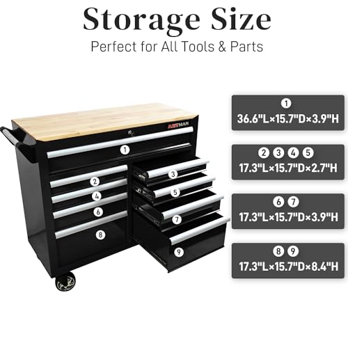 Heavy Duty 9-Drawer Rolling Tool Chest with Wood Top, Black K54490