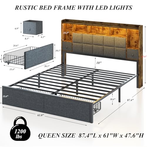 LED Bed Frame Full Size with Bookshelf Headboard and Charging Station R978868