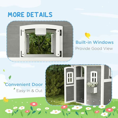 Outsunny Wooden Playhouse for Kids with Floor, Door, Windows & Planter Box, Gray J692318