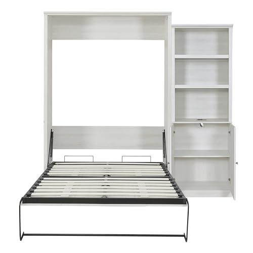 Queen Size Murphy Bed with Side Cabinet Storage Shelf, Rustic White X5267