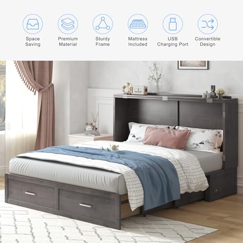 PUREMIND Queen Murphy Bed Cabinet with 2 Storage Drawers and USB Charging Station R5817