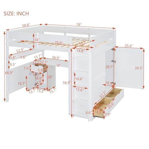 Harper & Bright Designs Twin Size Loft Bed with L-Shaped Desk and Stairs, Solid Wood, White D768