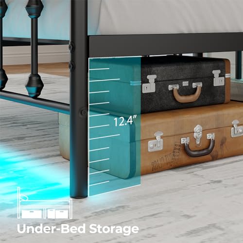 Full Bed Frame with Charging Station, Metal Platform, Black Y12142