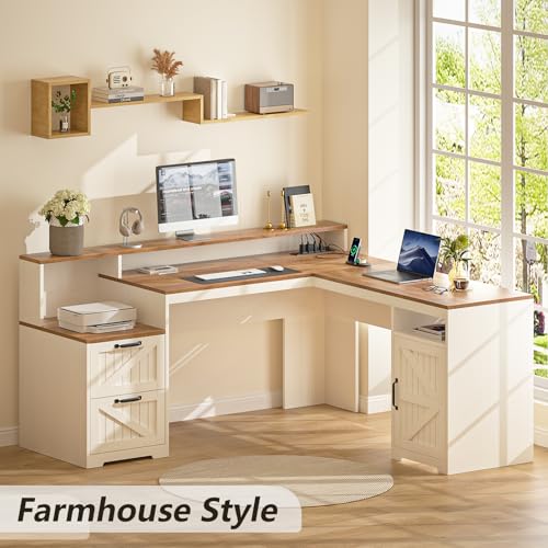 63" Farmhouse L Shaped Desk with Drawers, Power Outlets & Storage Shelf Q538