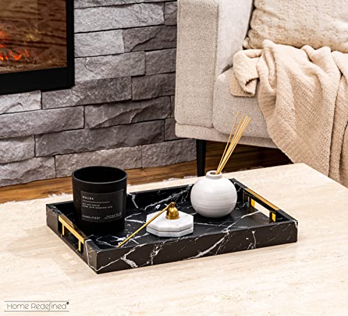 White Marble Faux Leather Decorative Tray with Handles D972626