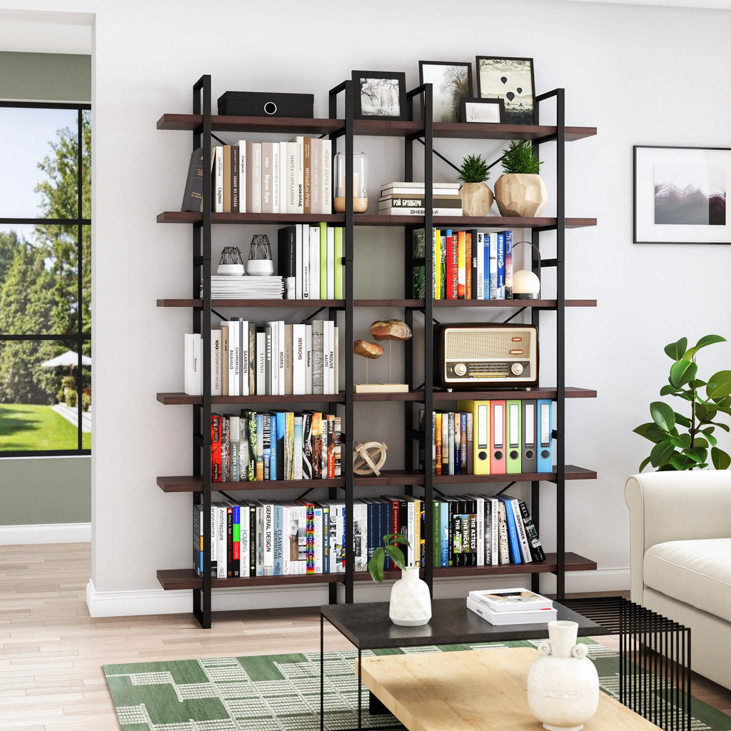Davee Dark Walnut Color Room 6-Tiers Divider Bookcase - 85" H x 70" W x 12.6" D
