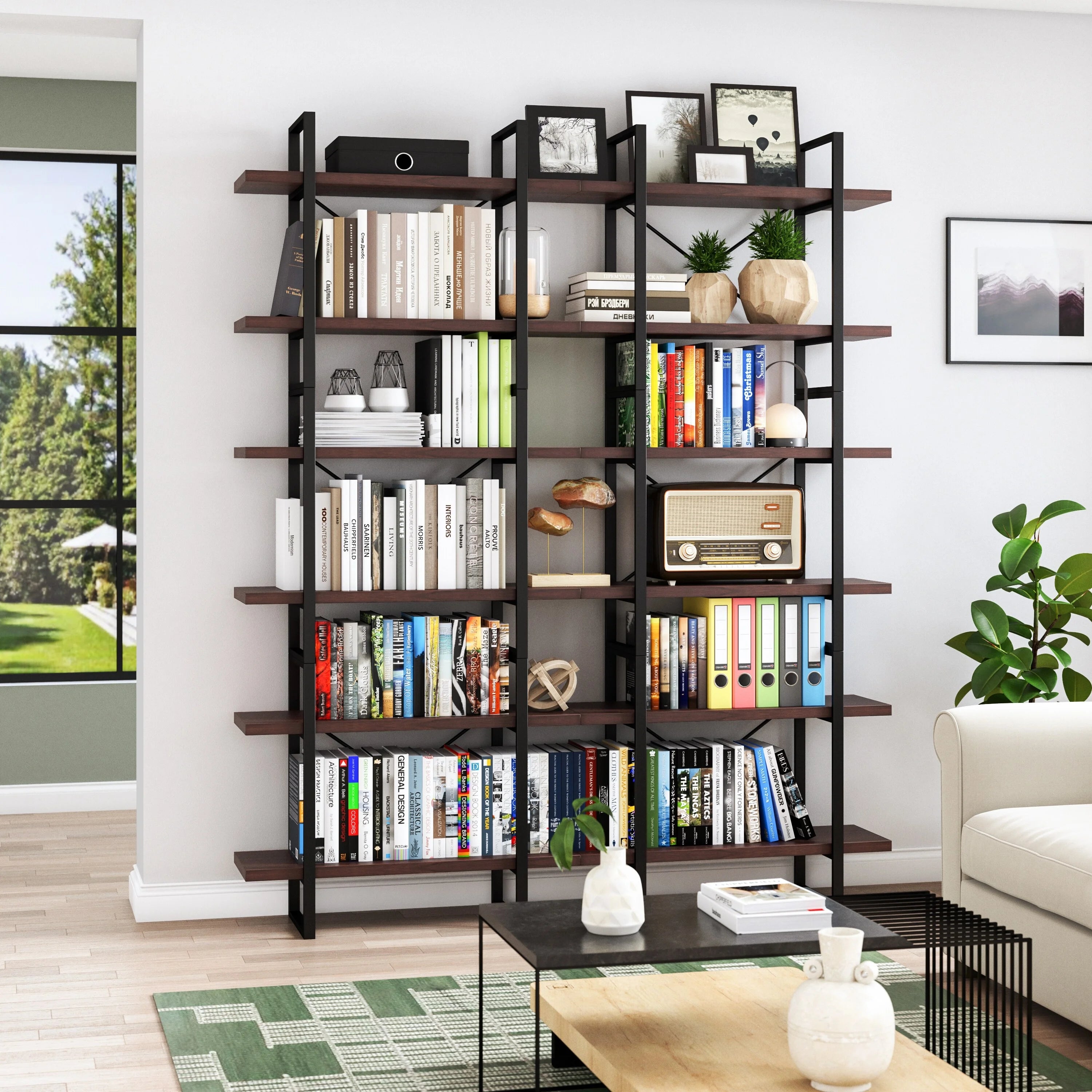 Davee Dark Walnut Color Room 6-Tiers Divider Bookcase - 85" H x 70" W x 12.6" D