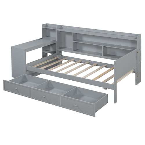Bellemave Twin Corner Bed Frame with Storage Shelves and Desk, Gray L74206