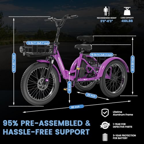 MOONCOOL Electric Tricycle for Adults, 500W 48V Folding 3-Wheel Bike with Basket O9027