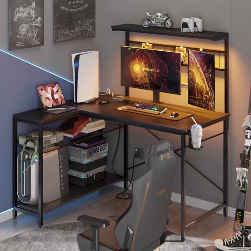 Bestier 42 L Gaming Desk with Power Outlets, LED Lights and Shelves D8630