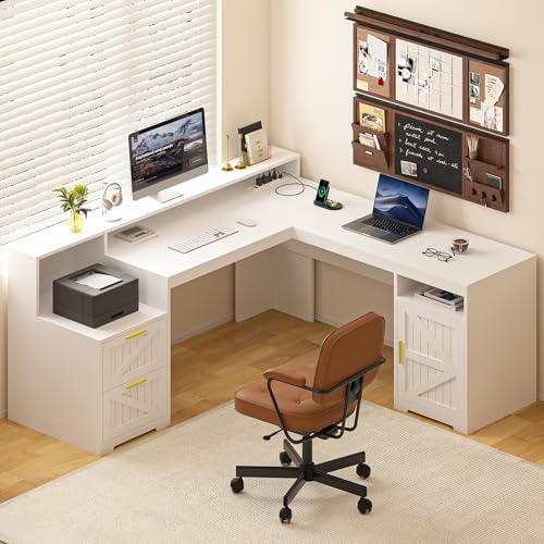 63" Farmhouse L Shaped Executive Desk with Drawers & Storage Shelf, Corner Computer Desk with Power Outlets, L Shaped Office Desk with Monitor Stand, Printer Shelf, Antique White