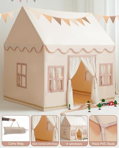 Kids Tent Playhouse with Star Lights, Flags and Tote Bags, Washable Teepee for Boys & Girls V1120
