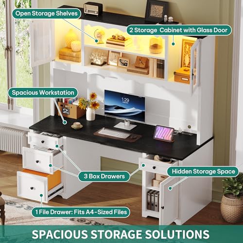 YITAHOME Executive Desk with Hutch, Drawers, Power Outlet & LED Lights, White & Black Z850393