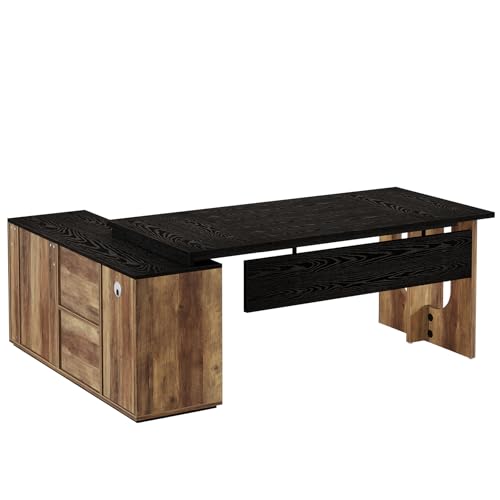 Tribesigns 74.8" L Shaped Executive Desk with Shelves, Black and Brown R6407