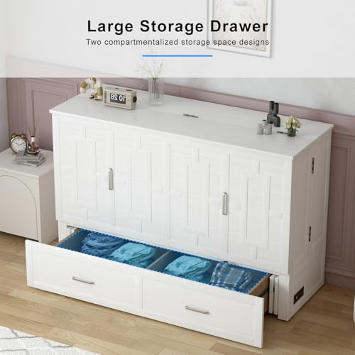PUREMIND Queen Murphy Bed Cabinet with 2 Storage Drawers and USB Charging Station R5817