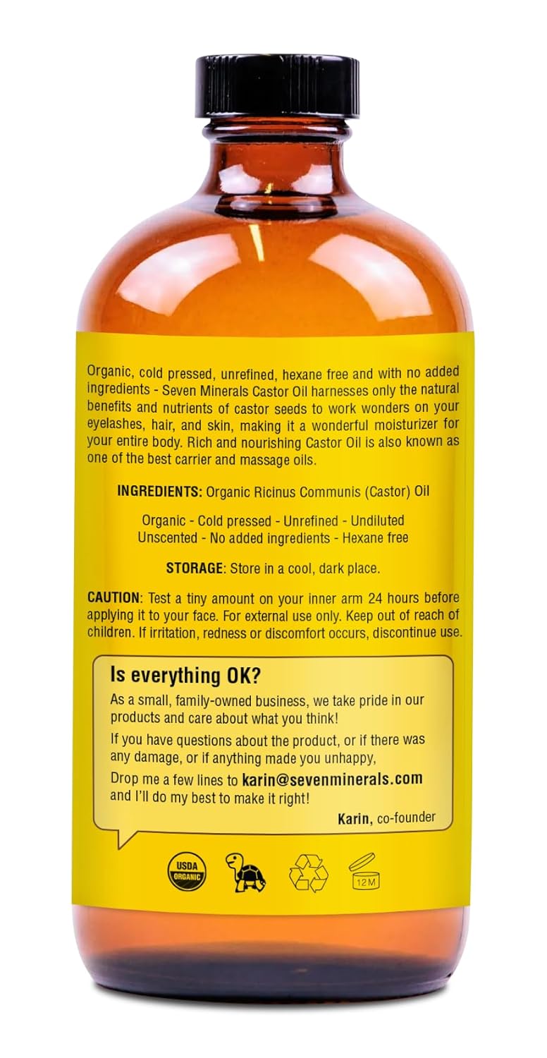 Seven Minerals Organic Cold Pressed Castor Oil, 16 fl oz Glass Bottle K5370