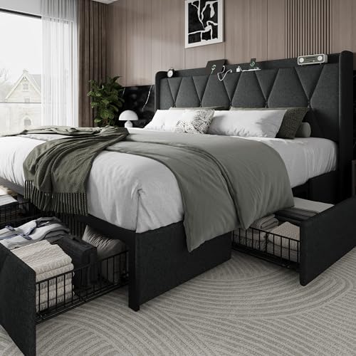 Queen Bed Frame with 4 Storage Drawers and Charging Station, Black S804993
