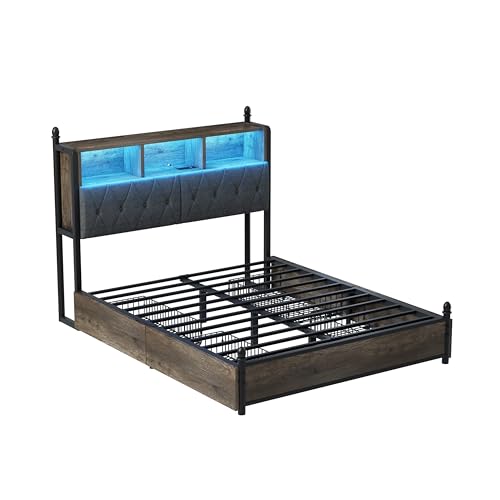 AMERLIFE Full Size Bed Frame with Bookcase Headboard, Charging Station, Rustic Brown H544