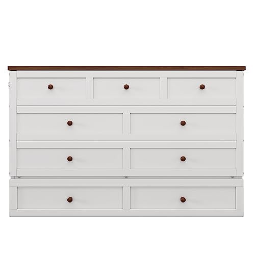 Ball & Cast Queen Size Solid Pine Murphy Bed with Charging Station, White + Walnut P2075