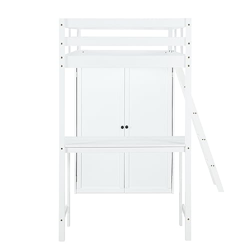 Harper & Bright Designs Full Size Loft Bed with Wardrobe and Desk, Solid Wood, White R4710