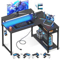 MOTPK L Shaped Gaming Desk with Power Outlet, Reversible Gaming Desk with Height Adjustable Monitor Stand, Gaming Computer Desk 43inch with LED Lights, Home Office Desk, Black