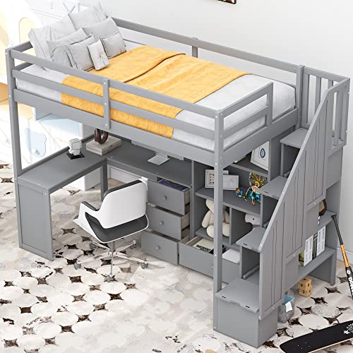 Harper & Bright Designs Twin Size Loft Bed with L-Shaped Desk and Stairs, Solid Wood, White D768