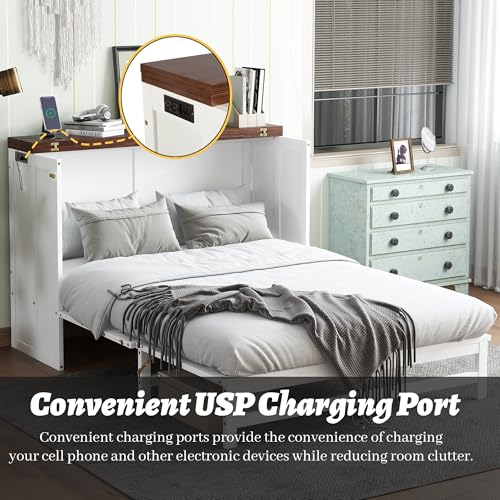 Queen Murphy Bed Cabinet with Storage Drawer and Charging Station, Solid Pine, White A401